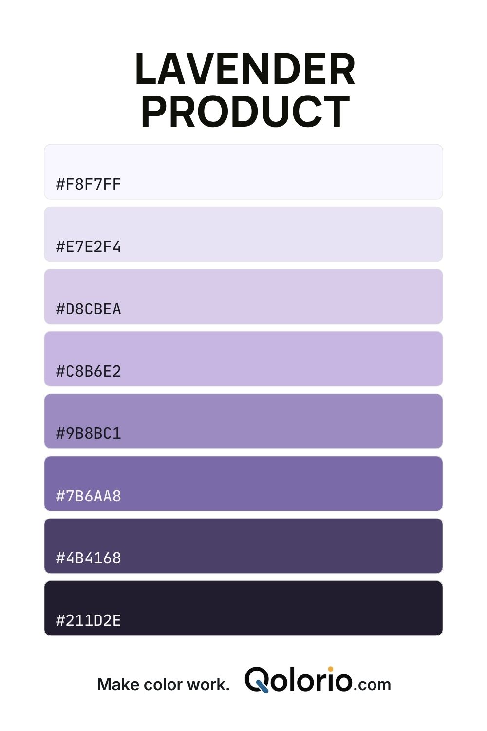 Lavender Product color palette with soft lavender, lilac, muted purple and deep aubergine tones.