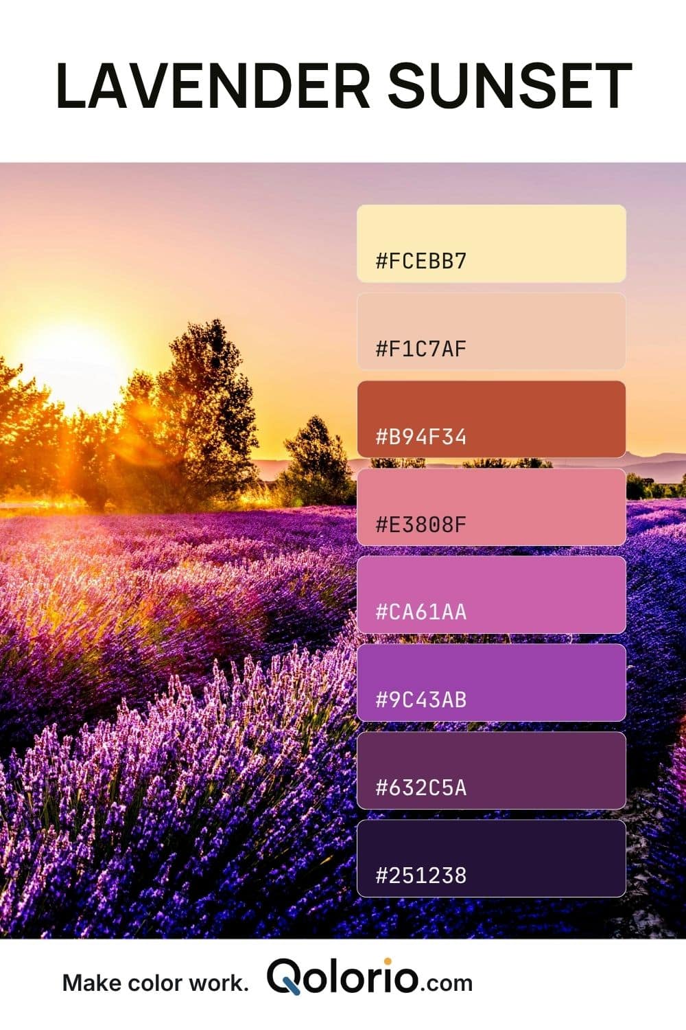 Sunlit lavender field palette with peach, terracotta, pink, purple, and deep plum tones.
