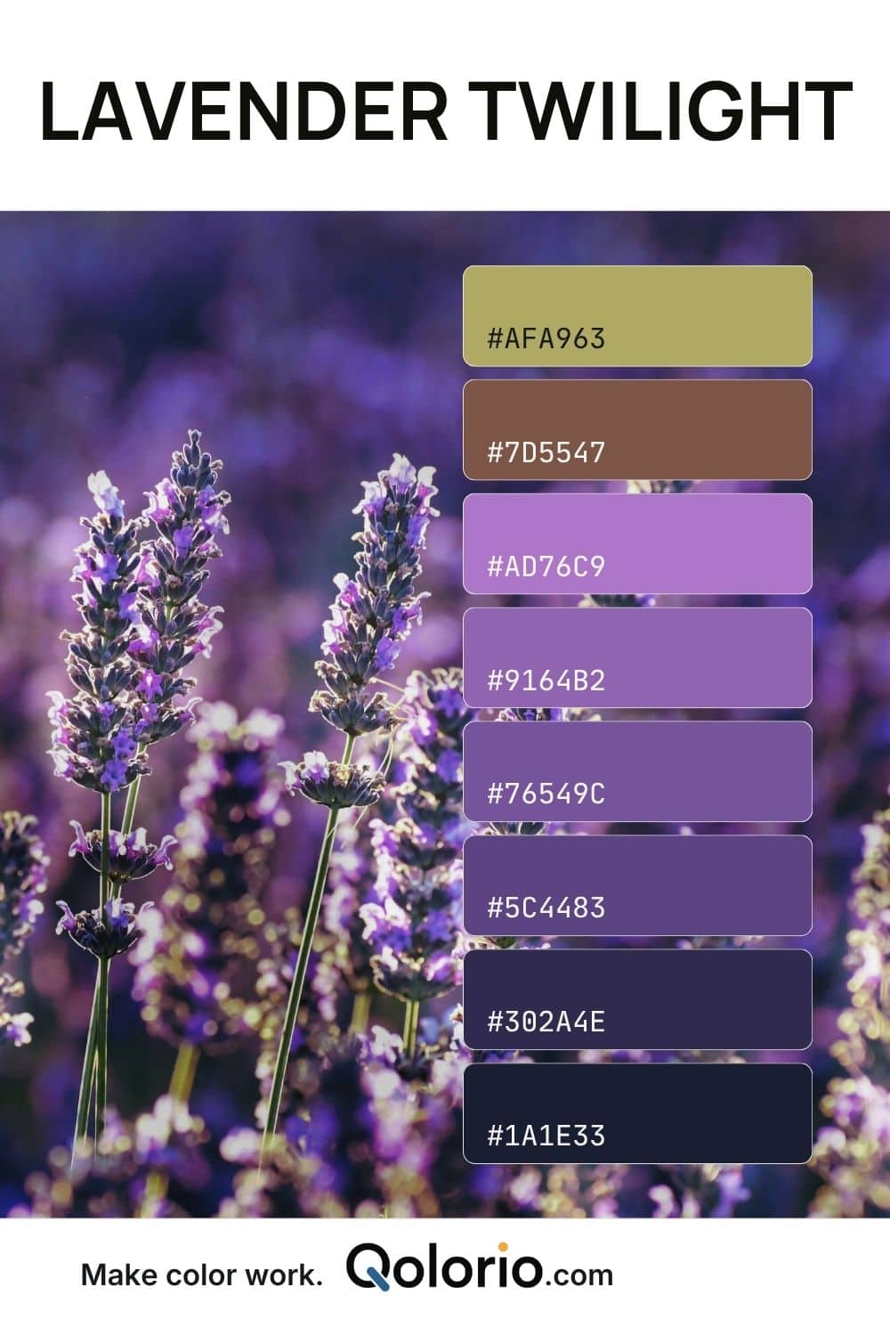 Lavender Twilight, a 8-color floral palette with deep navy, violet, lavender, dusty gray, earthy brown and muted olive tones inspired by a lavender field at dusk.