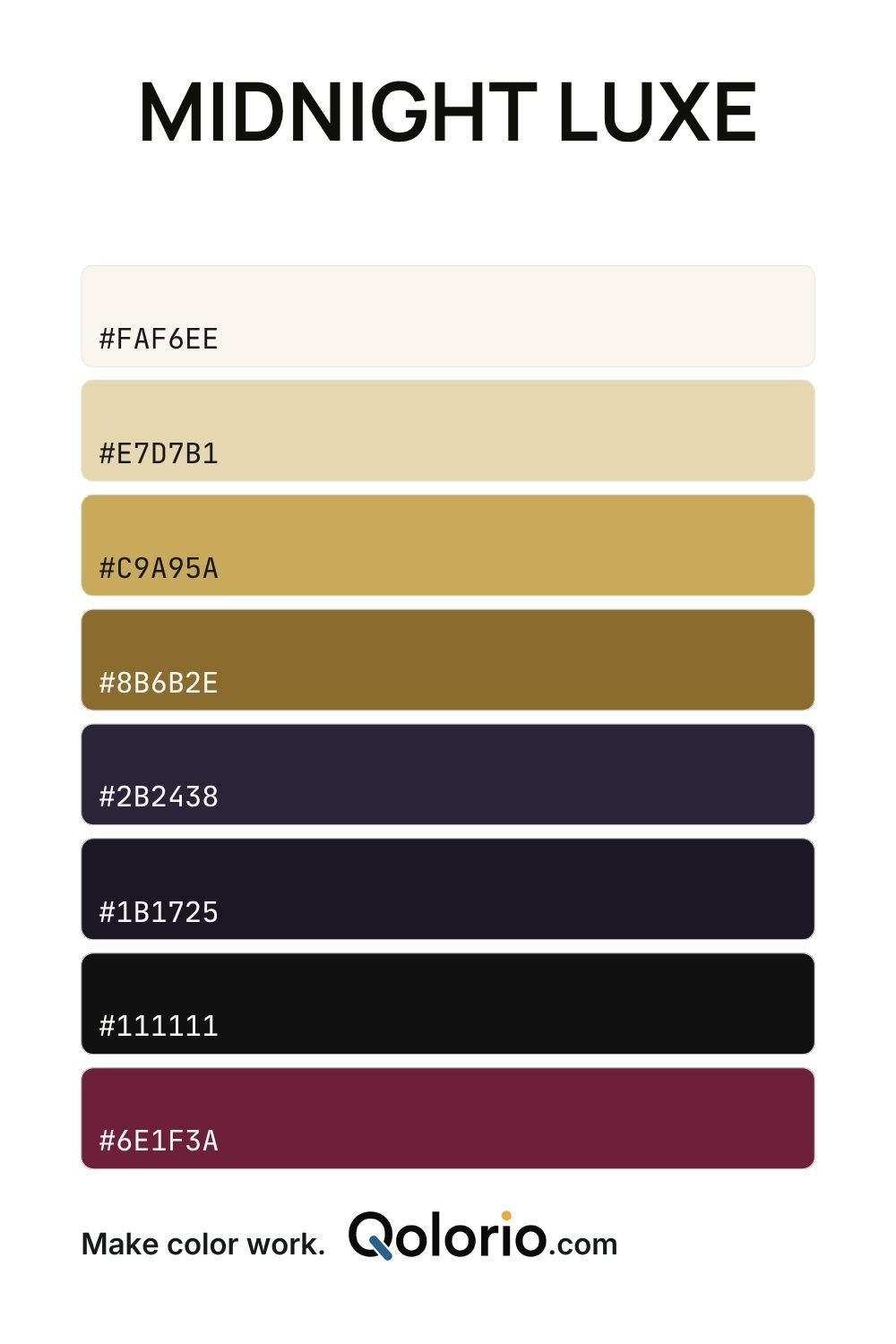 Midnight Luxe color palette with ivory, champagne, gold, deep purple, black and a rich wine-red accent.