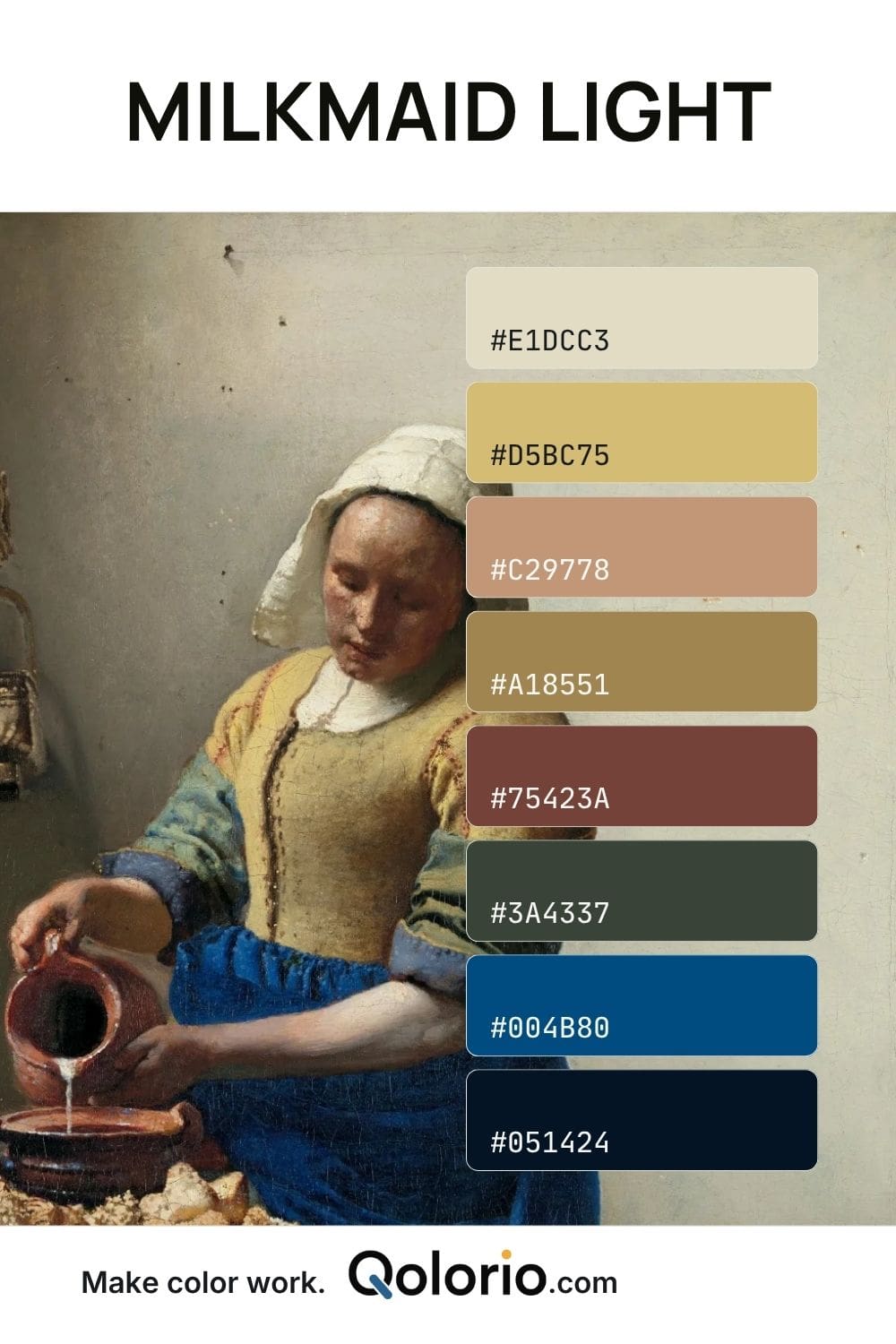 Milkmaid Light color palette with cream, ochre, muted pink, brown, dark green and deep blue tones inspired by a classical painting.