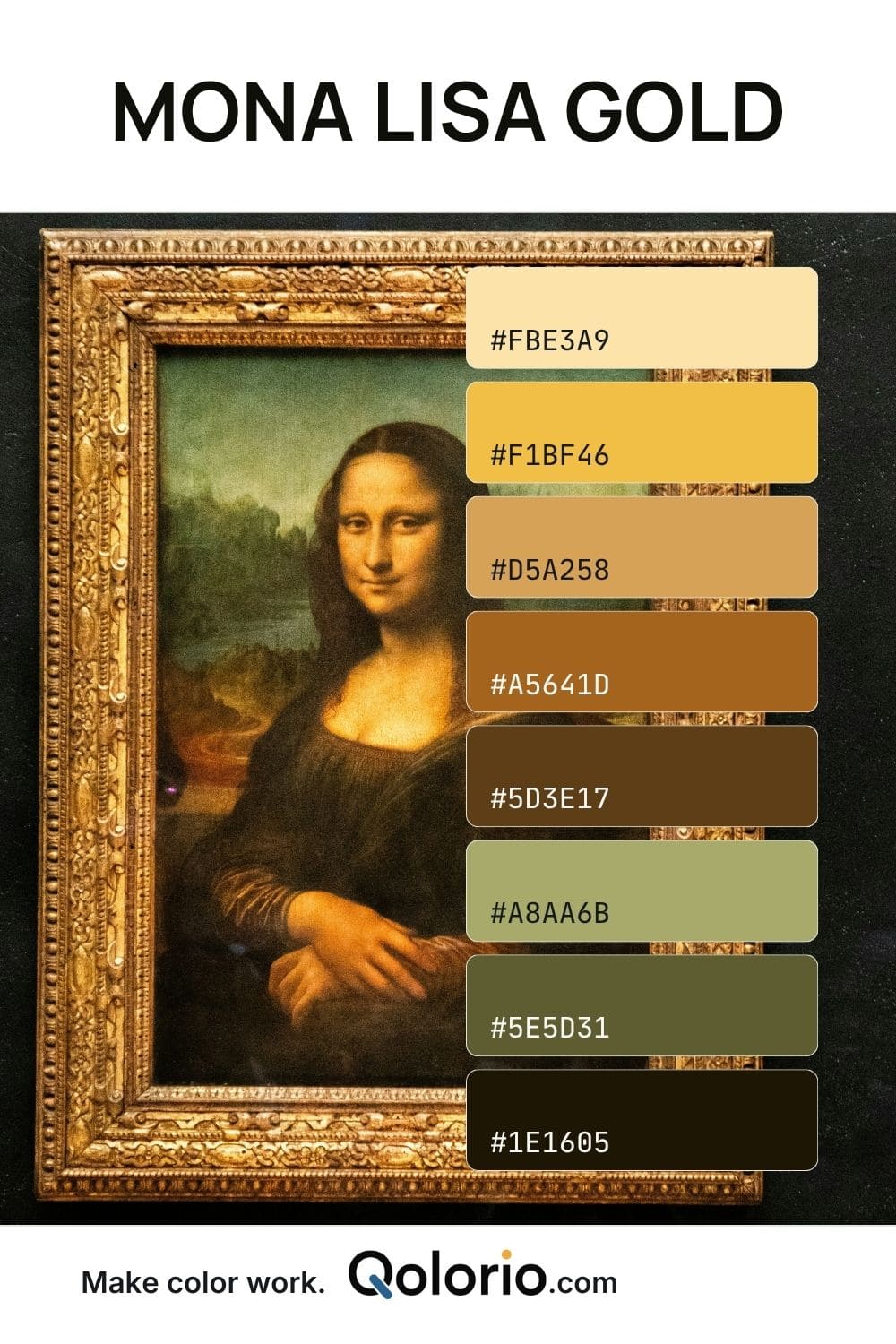 Eight-color Mona Lisa Gold palette inspired by a photograph of the framed painting, with golden yellow, warm brown, muted olive and near-black tones.