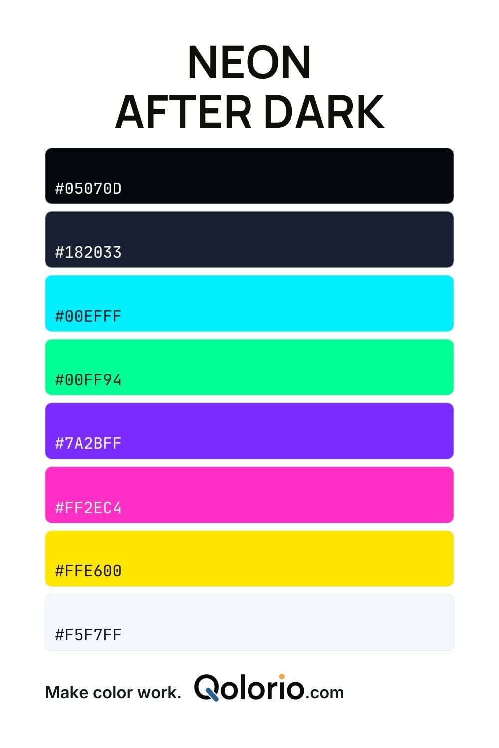 Neon After Dark color palette with near-black and dark navy combined with neon cyan, green, purple, pink and yellow.