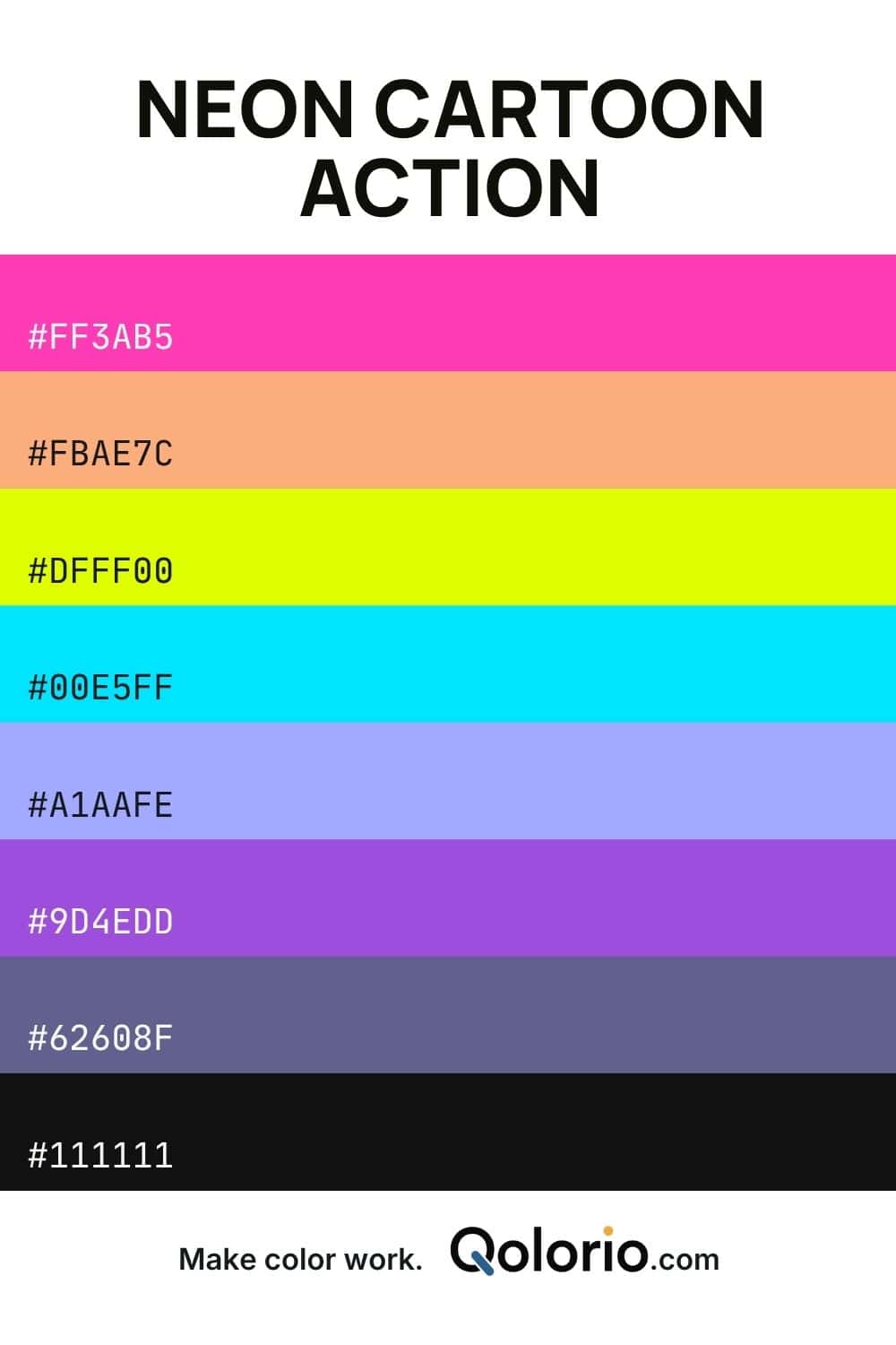 Bold neon palette with hot pink, peach, electric lime, cyan, purple, muted violet, and black.