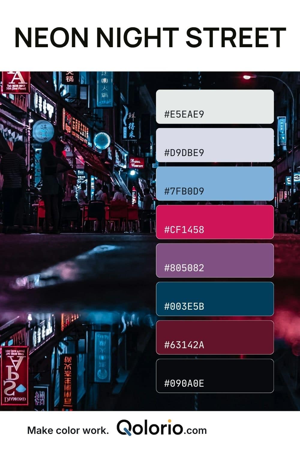 Neon Night Street color palette with icy gray, soft blue, magenta, muted purple, deep teal and near-black tones inspired by a neon-lit city street at night.
