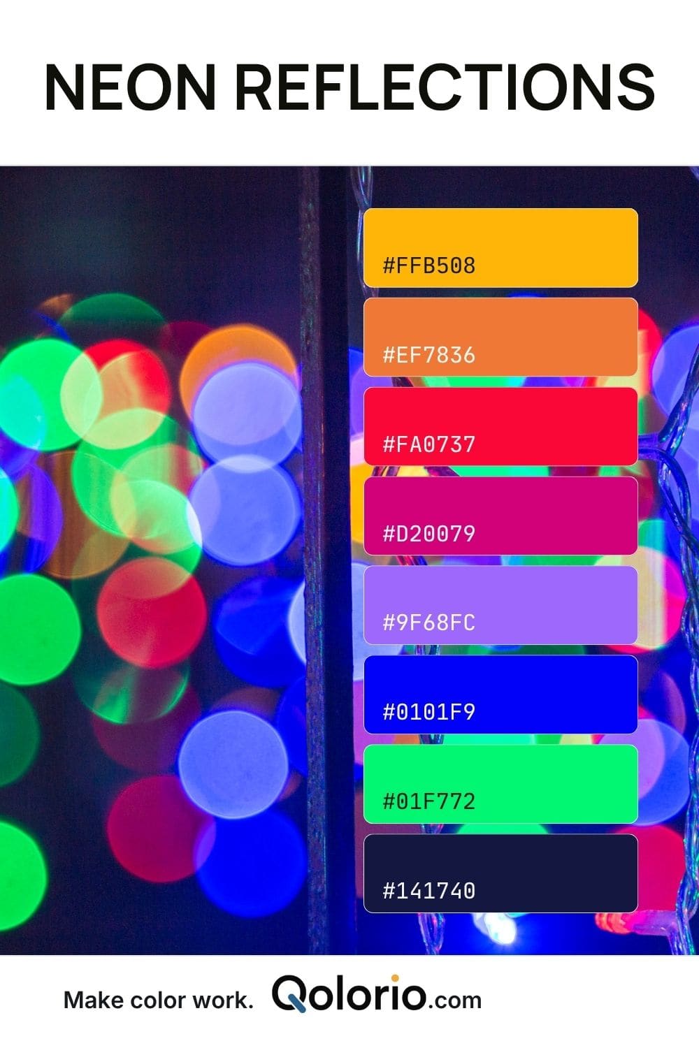 Neon Reflections color palette with vivid orange, red, magenta, purple, electric blue, neon green and deep navy tones.