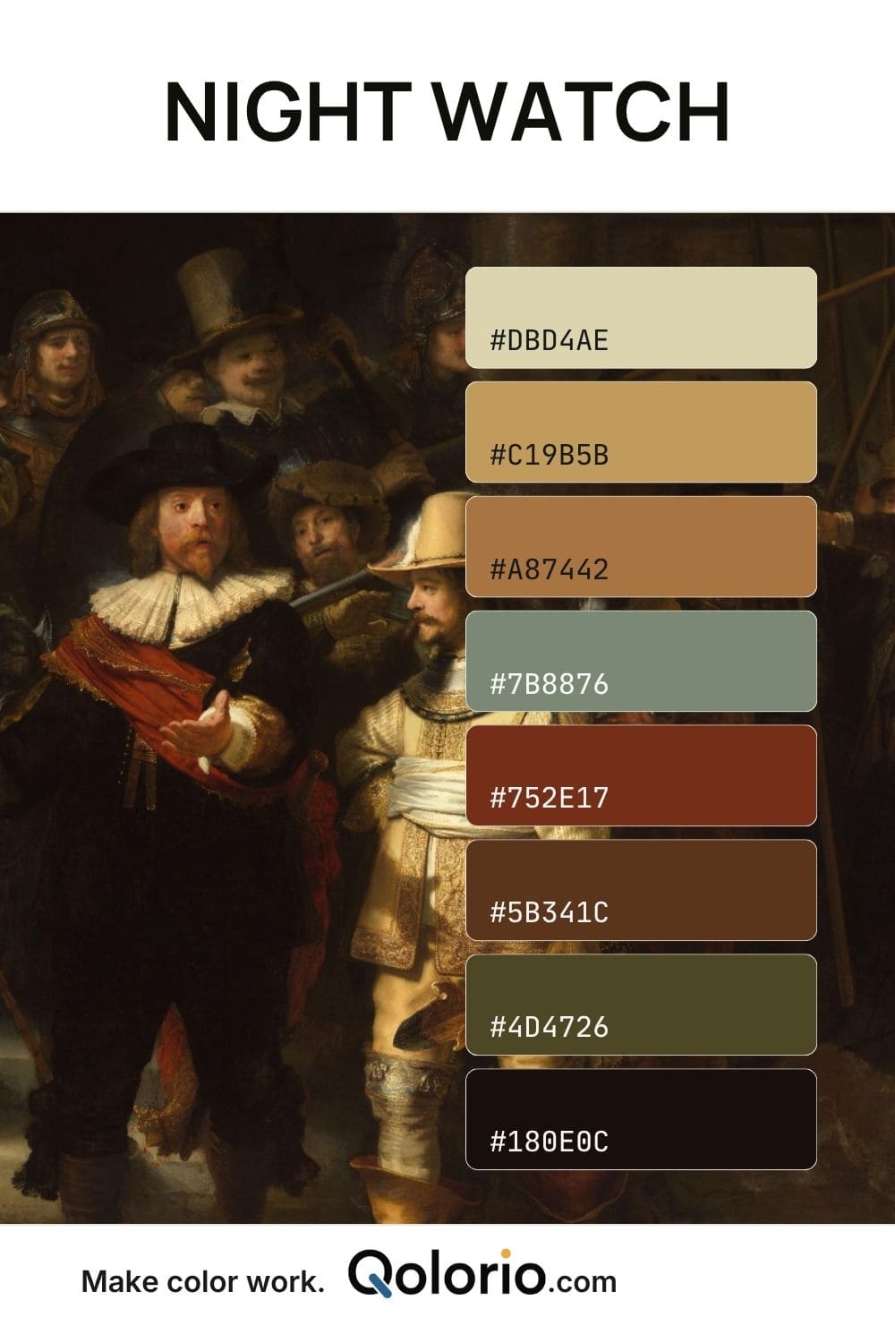 Night Watch color palette with muted cream, ochre, warm brown, sage gray, rust, olive and deep near-black tones inspired by a dramatic classical painting.