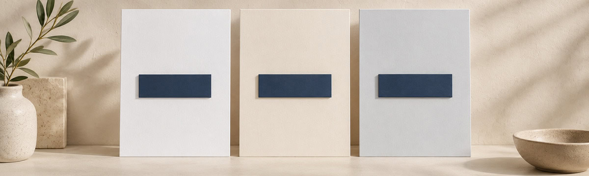 White, warm ivory and pale blue-gray panels paired with dark navy text bars.