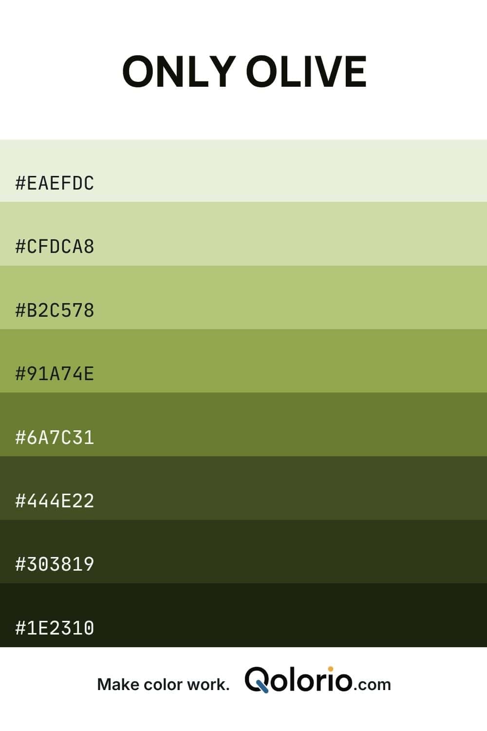 Earthy olive green palette ranging from pale green to deep mossy tones.