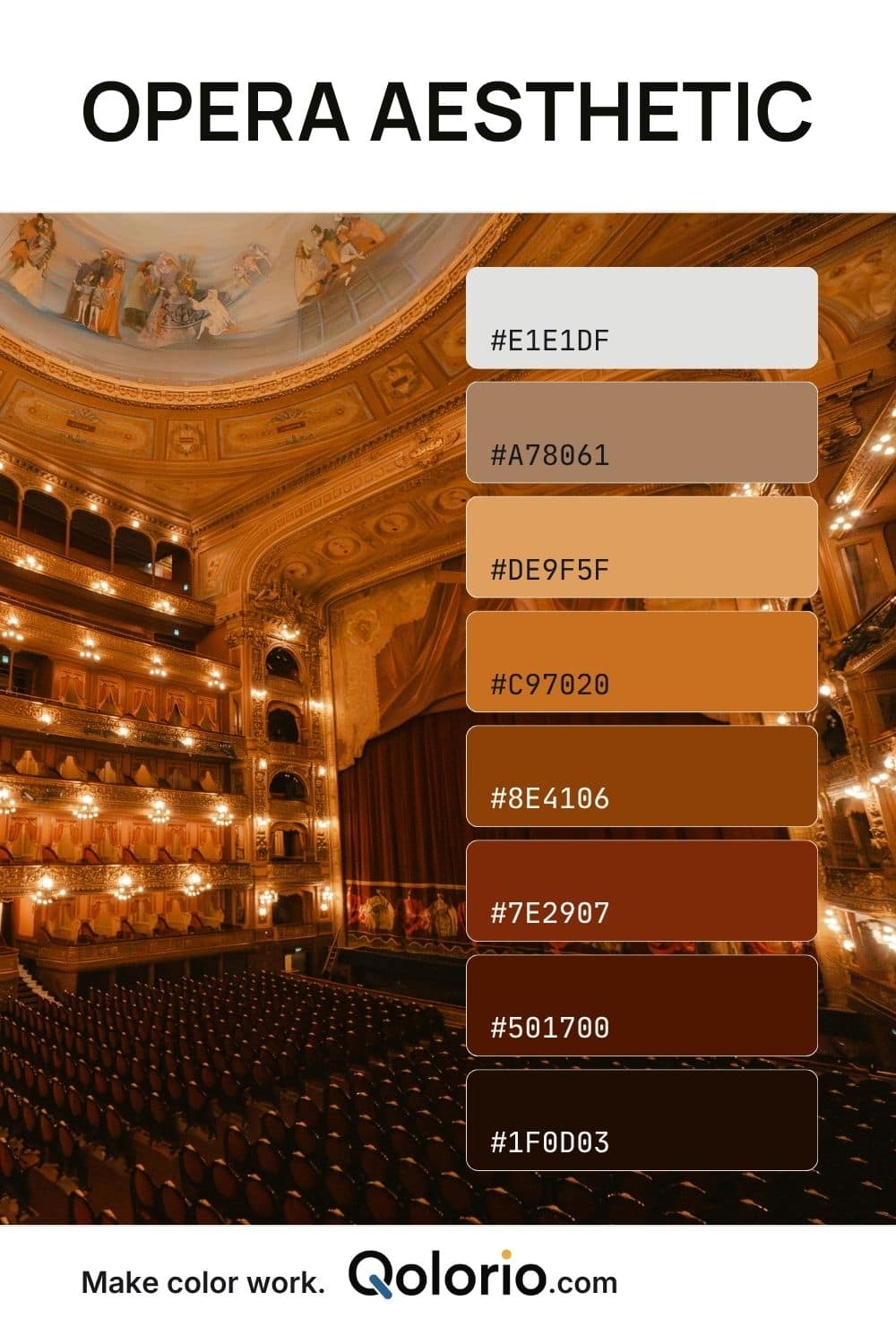 Opera Aesthetic color palette with warm ivory, caramel, amber, burnt orange, deep brown and near-black tones inspired by an ornate opera house interior.