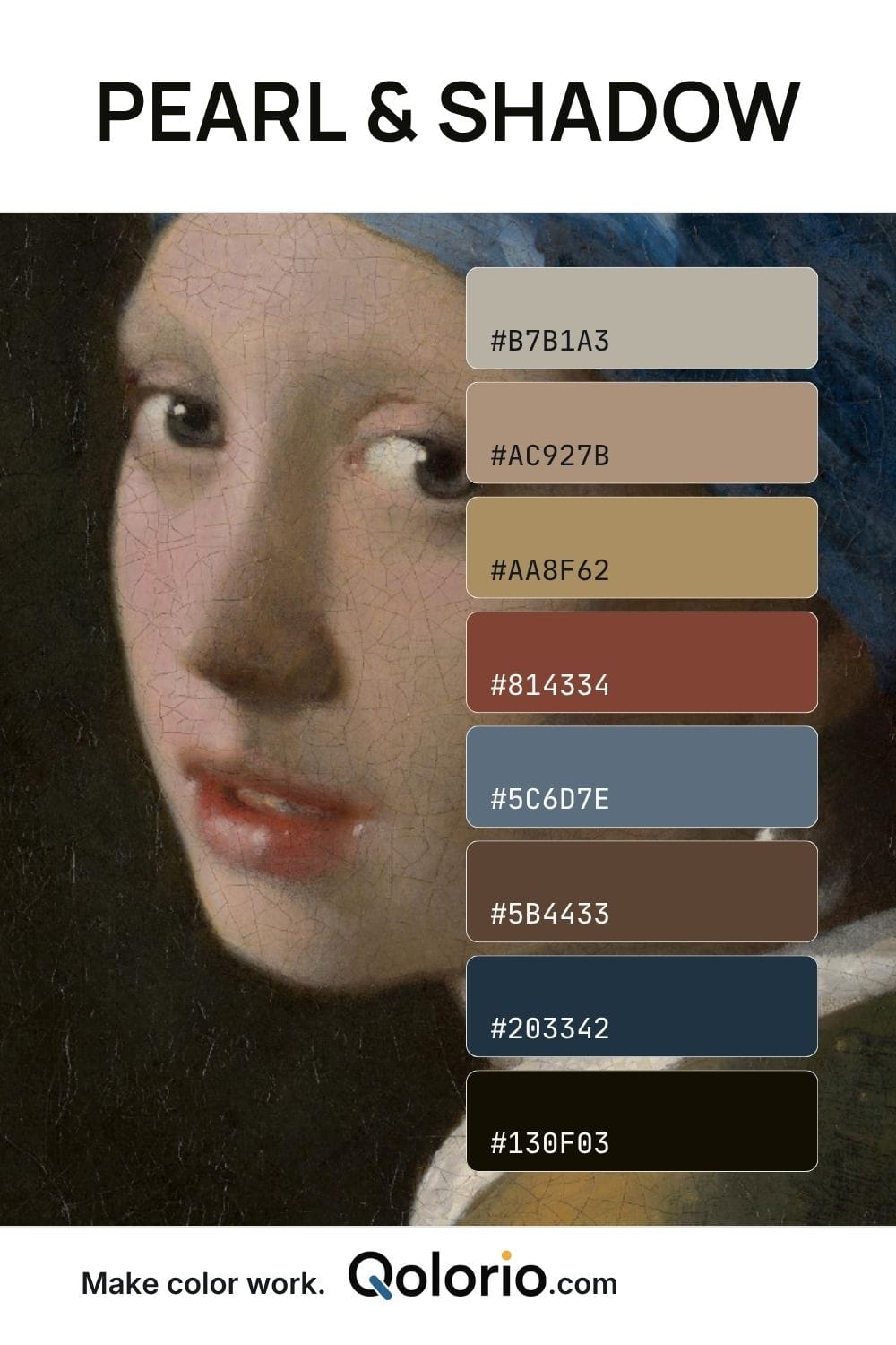 Pearl & Shadow color palette with muted taupe, warm beige, antique gold, earthy brown, slate blue and deep shadow tones inspired by a classical portrait.