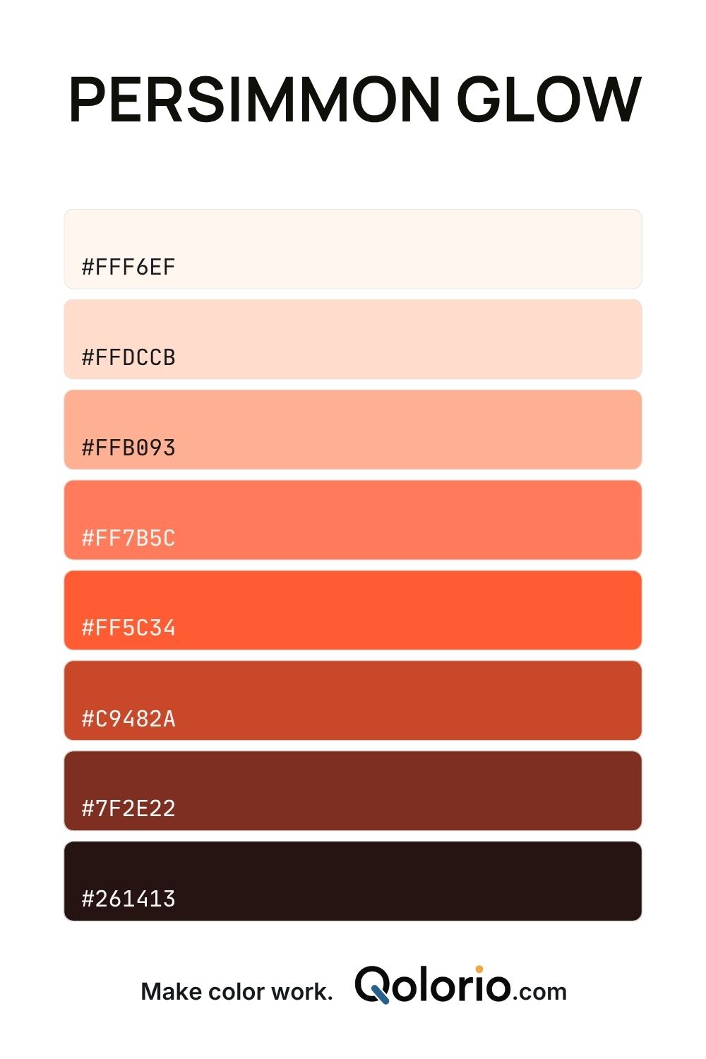 Persimmon Glow color palette with warm ivory, soft peach, coral, vivid persimmon, rust and deep brown tones.