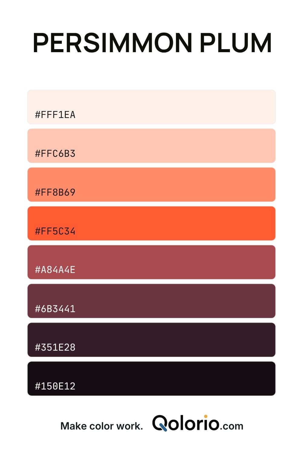 Persimmon Plum color palette combining soft peach and vivid persimmon with muted berry, deep plum and near-black tones.