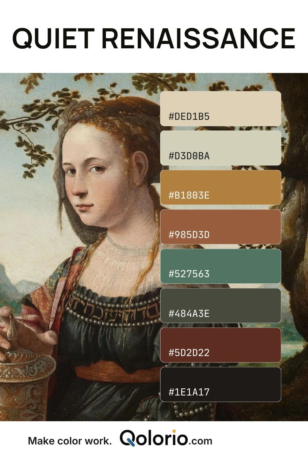 Quiet Renaissance color palette with soft cream, muted sage, ochre, terracotta, forest green, olive and deep brown tones inspired by Renaissance portraiture.