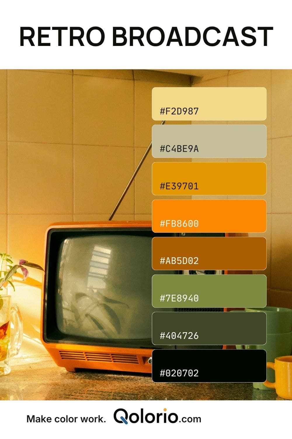 Retro Broadcast color palette with golden yellow, mustard, orange, olive green and deep brown tones inspired by a vintage television.