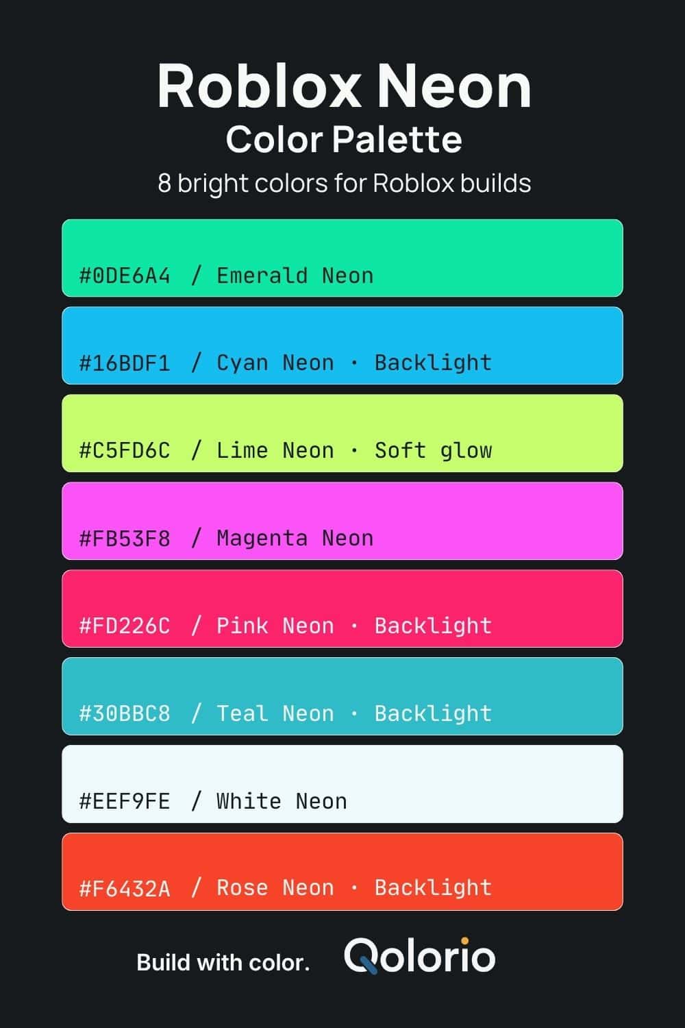 Roblox neon color palette with bright emerald, cyan, lime, magenta, pink, teal, white and coral tones.