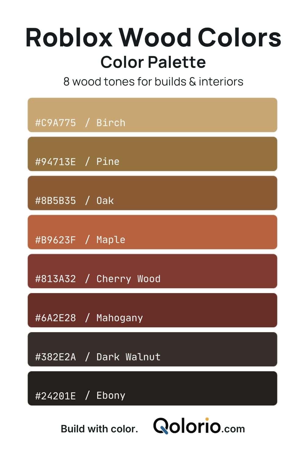 Roblox wood color palette with birch, pine, oak, maple, cherry wood, mahogany, dark walnut and ebony tones.