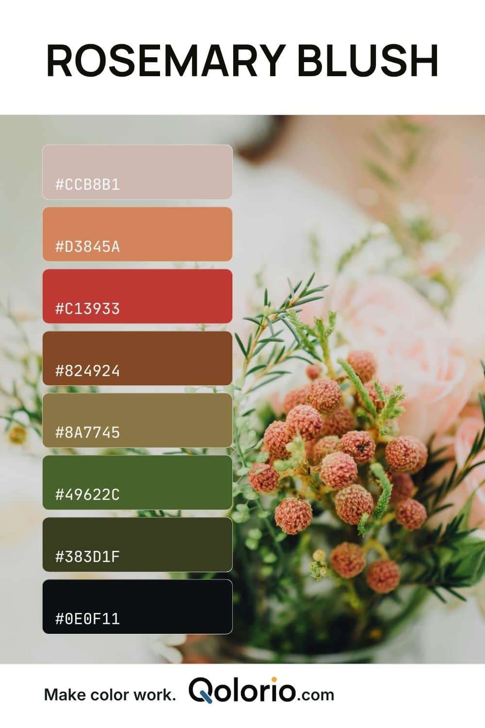 Earthy floral palette with blush, terracotta, brick red, olive green, and deep charcoal tones.