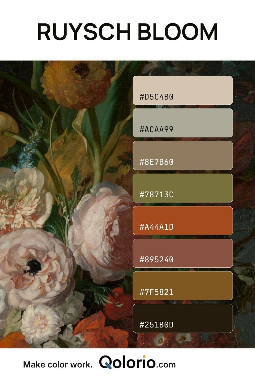 Ruysch Bloom color palette with warm beige, muted taupe, olive, rust, earthy red, ochre and deep brown tones inspired by a dramatic floral still life.