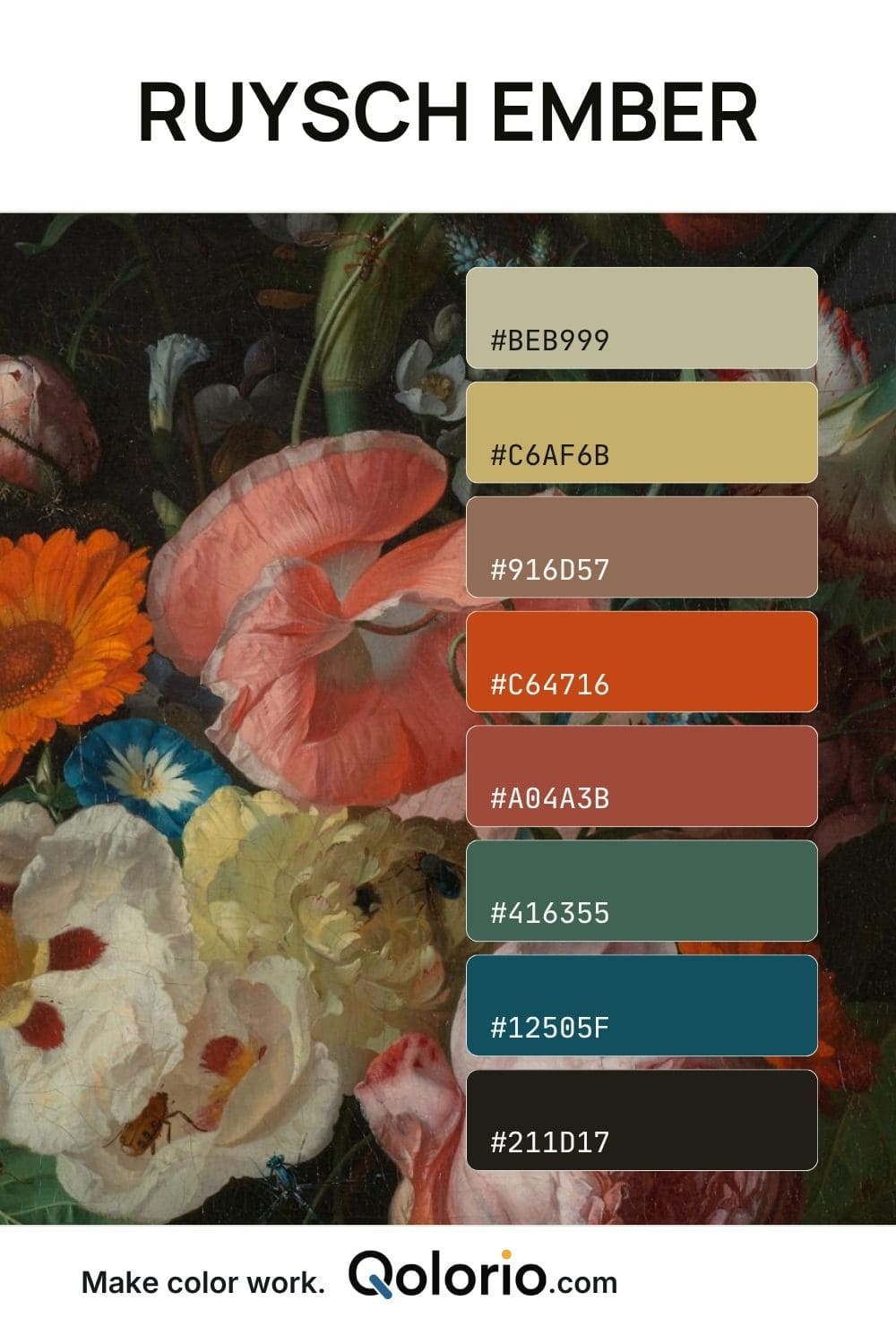 Ruysch Ember color palette with muted sage, antique gold, warm taupe, vivid burnt orange, brick red, deep green and teal tones inspired by a botanical still life.