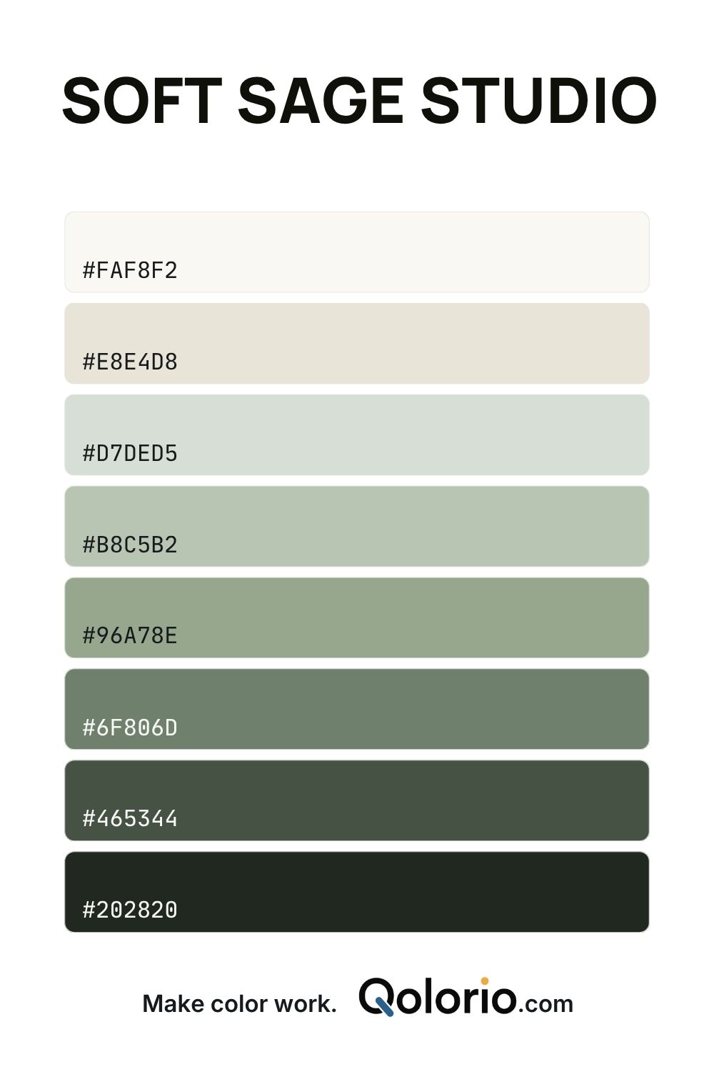 Soft Sage Studio color palette with warm off-white, pale gray-green, soft sage, muted eucalyptus and deep forest green tones.