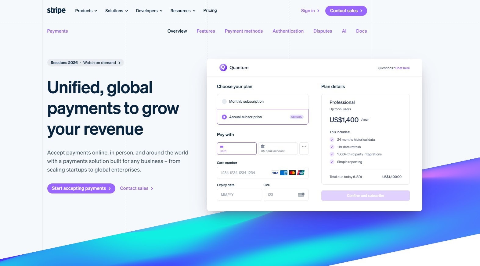 Stripe Payments homepage with dark blue text, purple interface accents, a white payment form and a large blue, turquoise and purple gradient across the bottom.