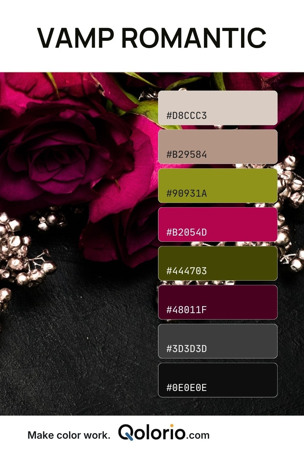 Vamp Romantic color palette with muted beige, olive, deep magenta, dark green, burgundy, charcoal and black inspired by dramatic dark roses.