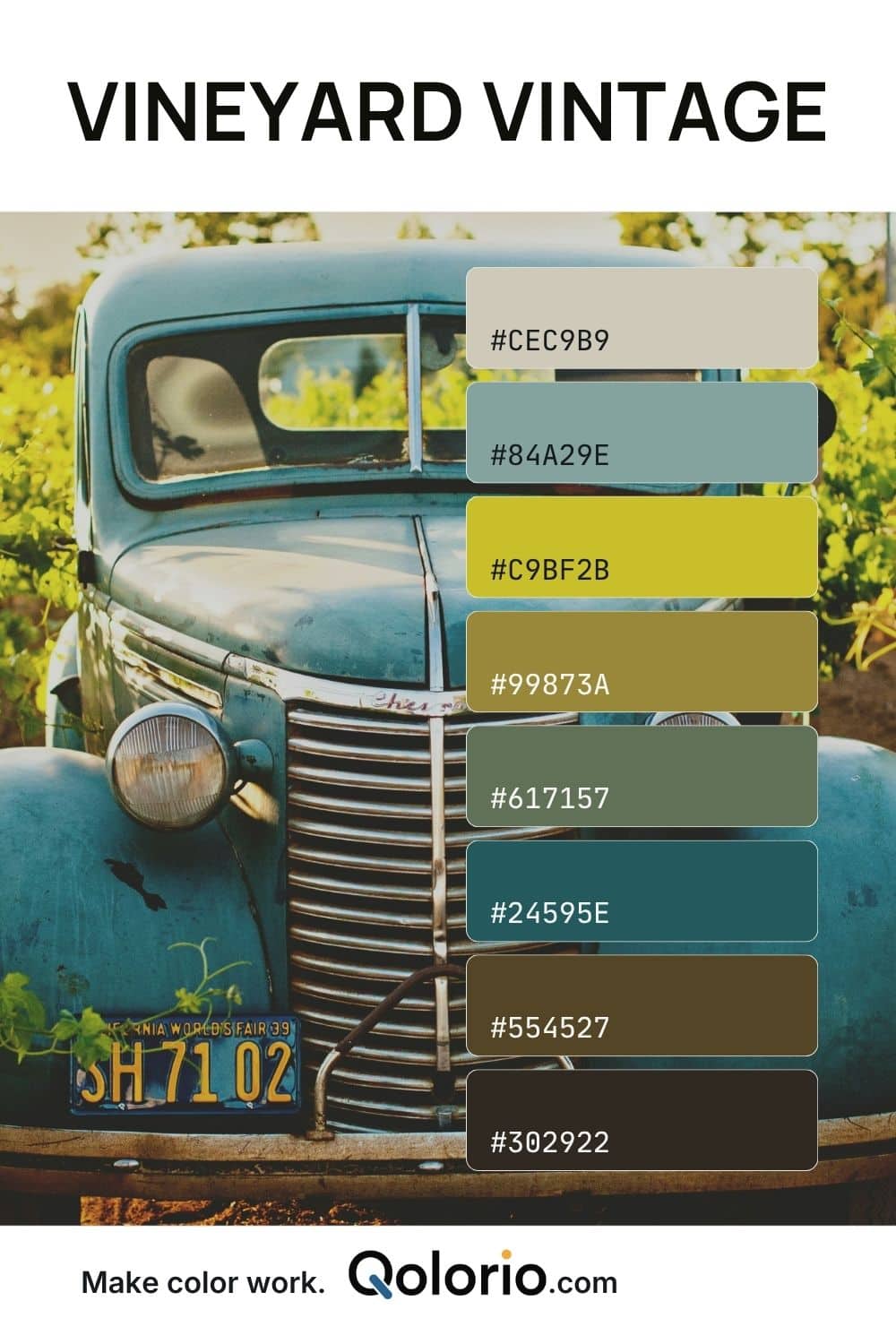 Vineyard Vintage color palette with warm beige, muted teal, chartreuse, olive, sage green and deep brown tones inspired by a vintage truck in a vineyard.