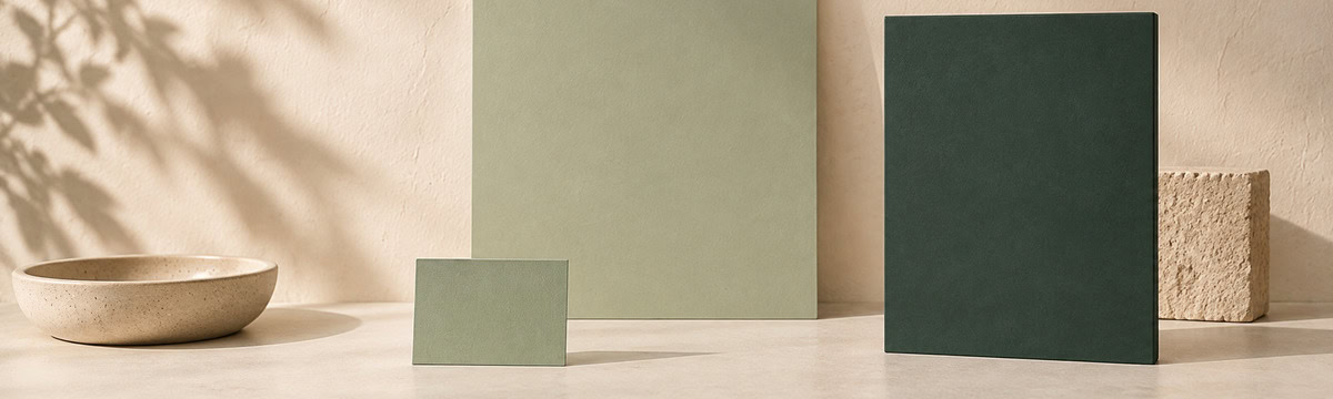 Small sage-green and dark green color panels arranged at different scales on a cream surface.