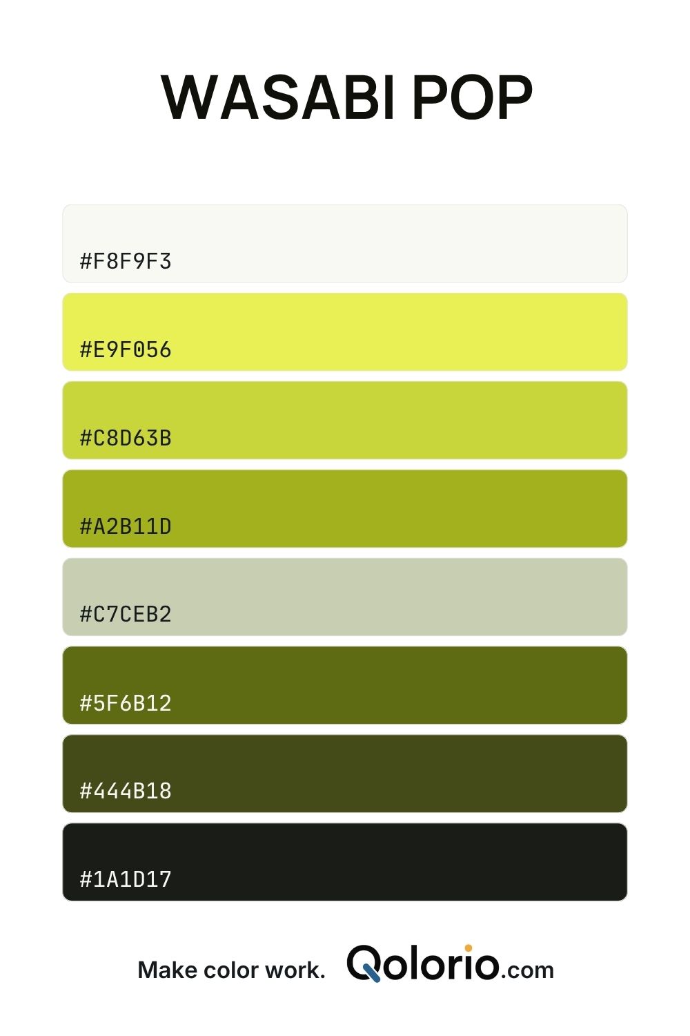 Wasabi Pop color palette with bright wasabi yellow-green, fresh lime, muted sage, olive and deep green tones.