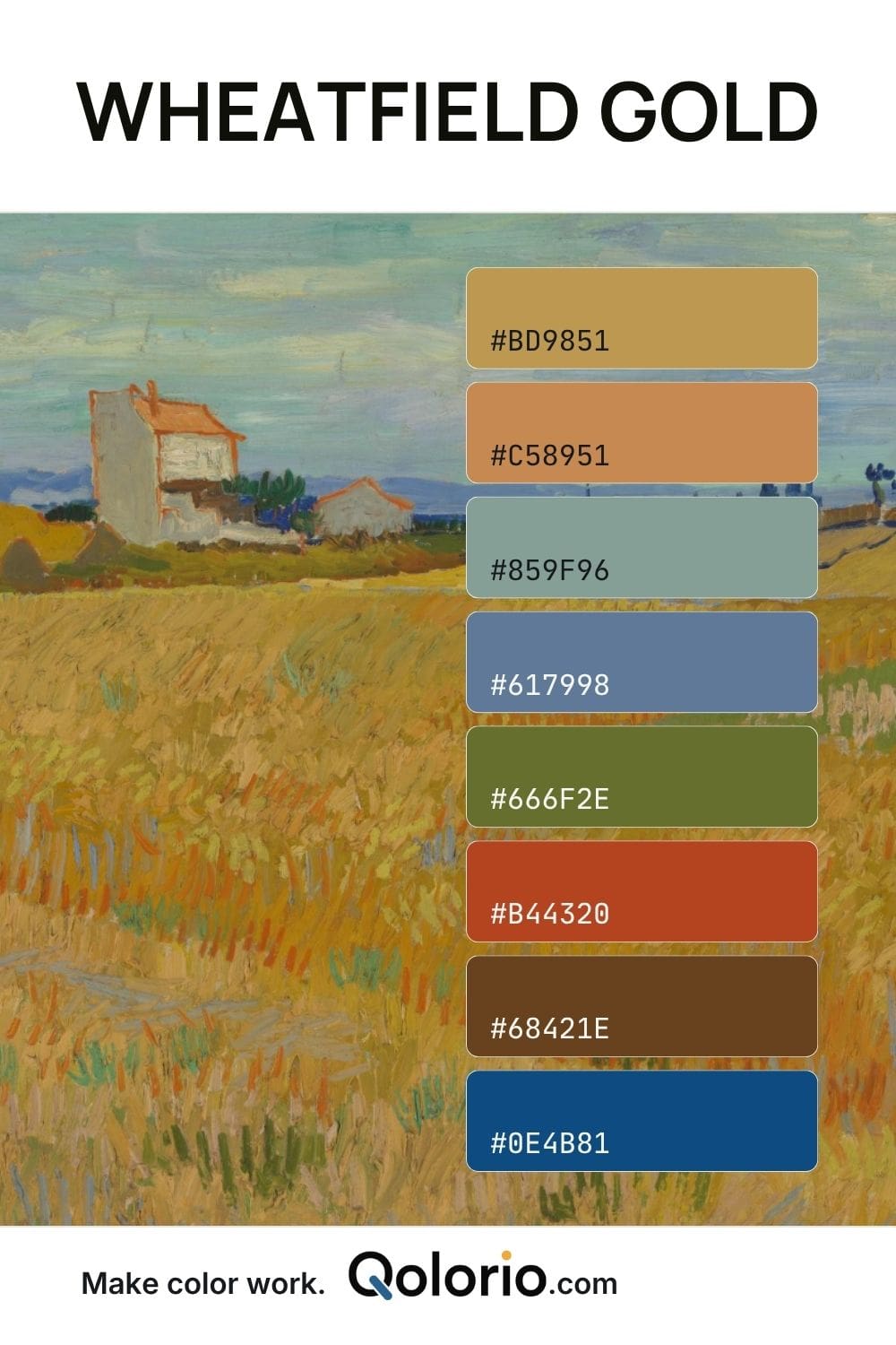 Wheatfield Gold color palette with golden ochre, warm orange, muted blue-gray, olive green, rust, brown and deep blue inspired by a sunlit wheat field painting.