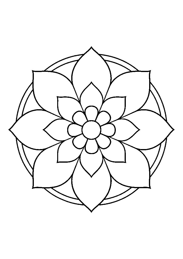 Black-and-white coloring page of a round floral mandala with large petals and clear symmetry.