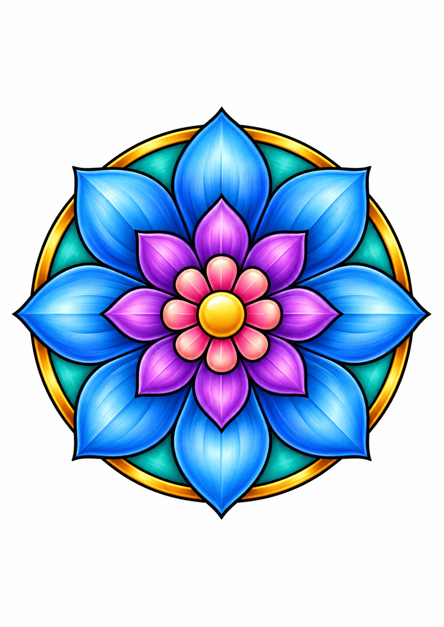 Blue, purple, and pink floral mandala with a yellow center and teal and gold accents on white.