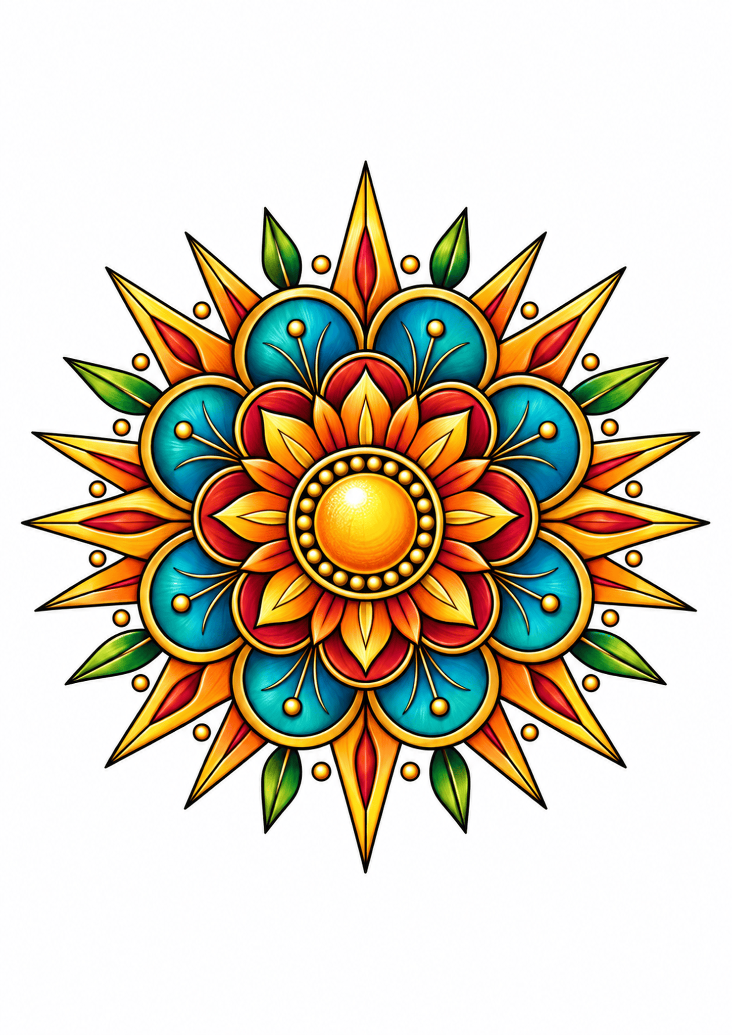 Sunburst mandala with golden rays, teal petals, green leaves, and an orange center on white.