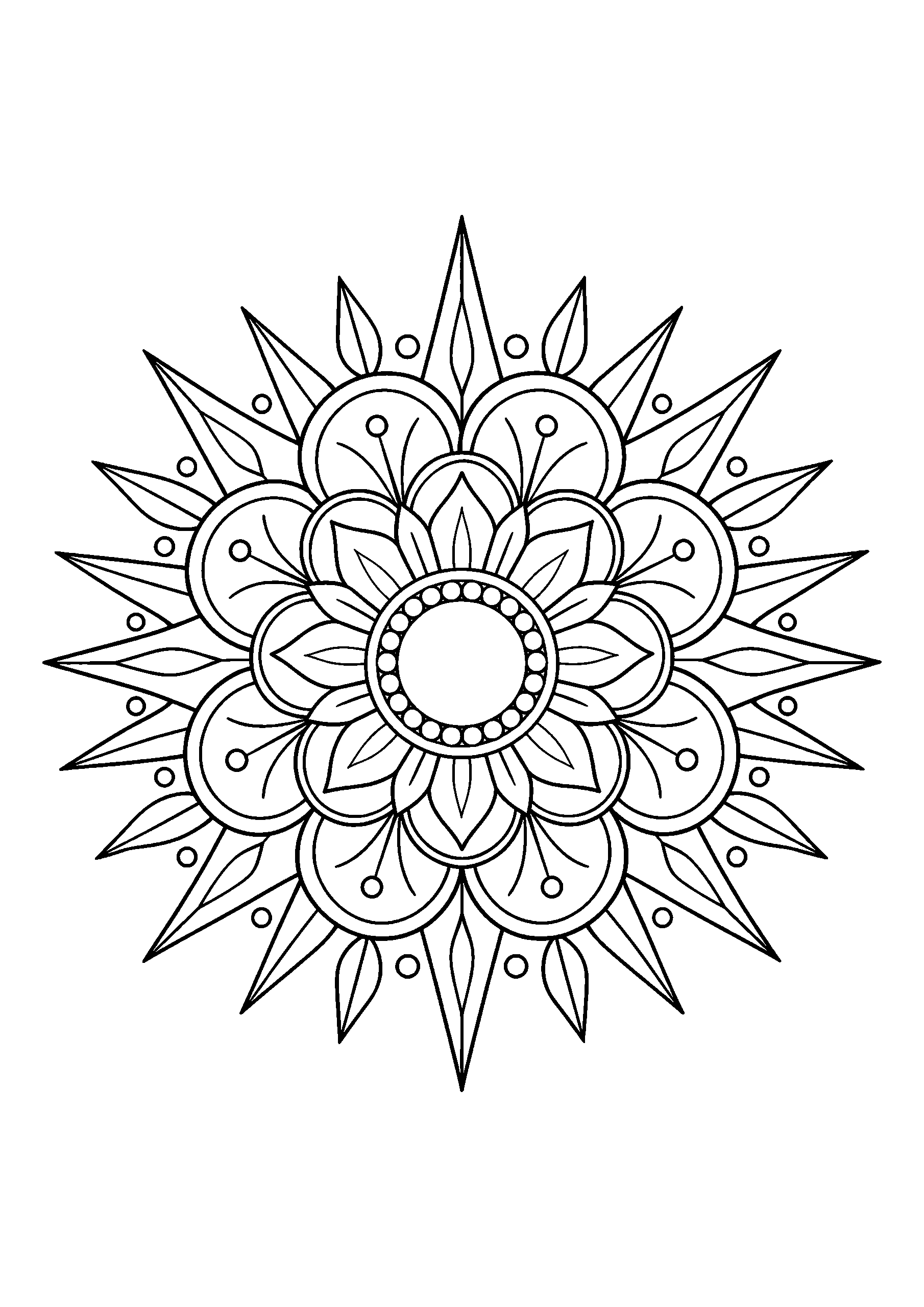 Black-and-white coloring page of a decorative mandala with sun rays and open circular patterns.