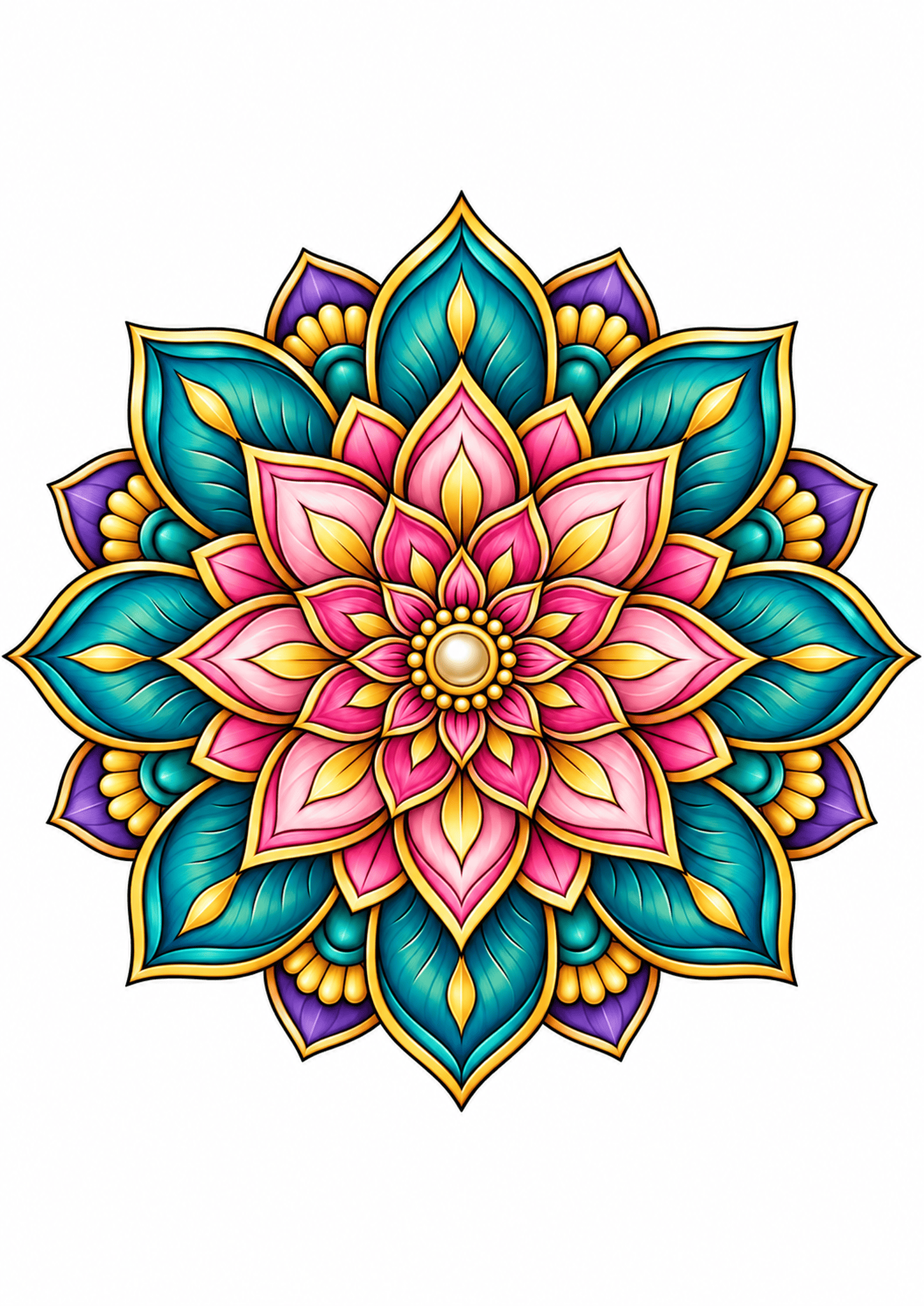 Layered lotus mandala in pink, teal, purple, and gold with a pearl-like center on white.