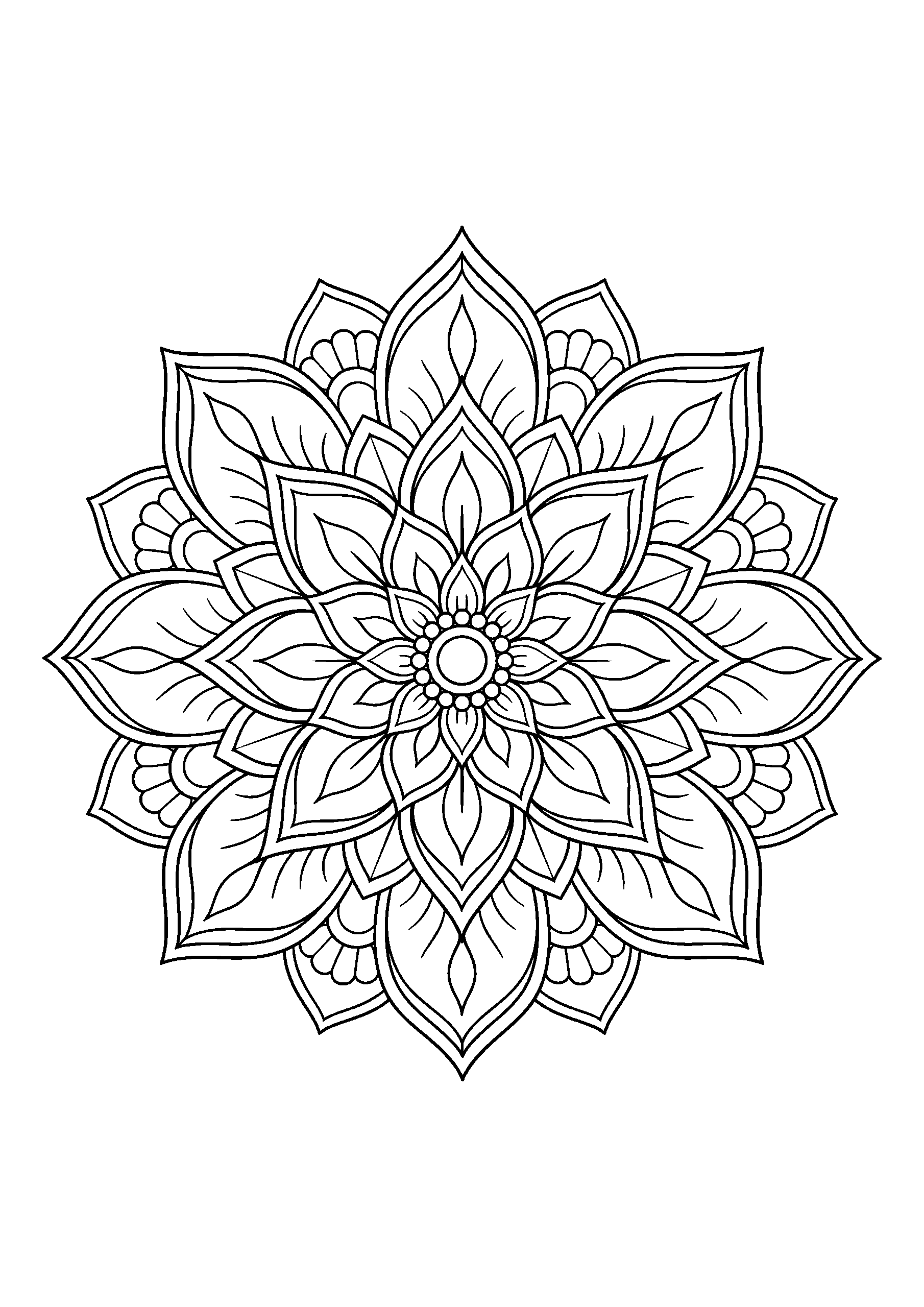 Black-and-white coloring page of a lotus mandala with several concentric layers of petals.