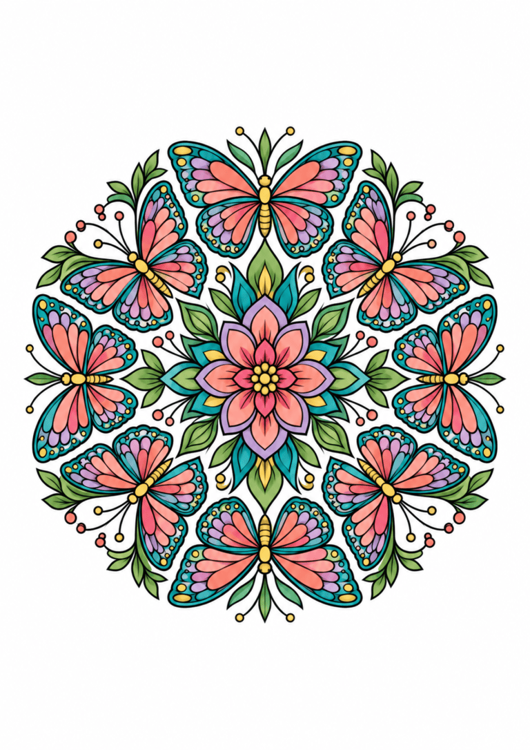 Symmetrical butterfly mandala with pink and turquoise wings, green leaves, and a central flower on white.