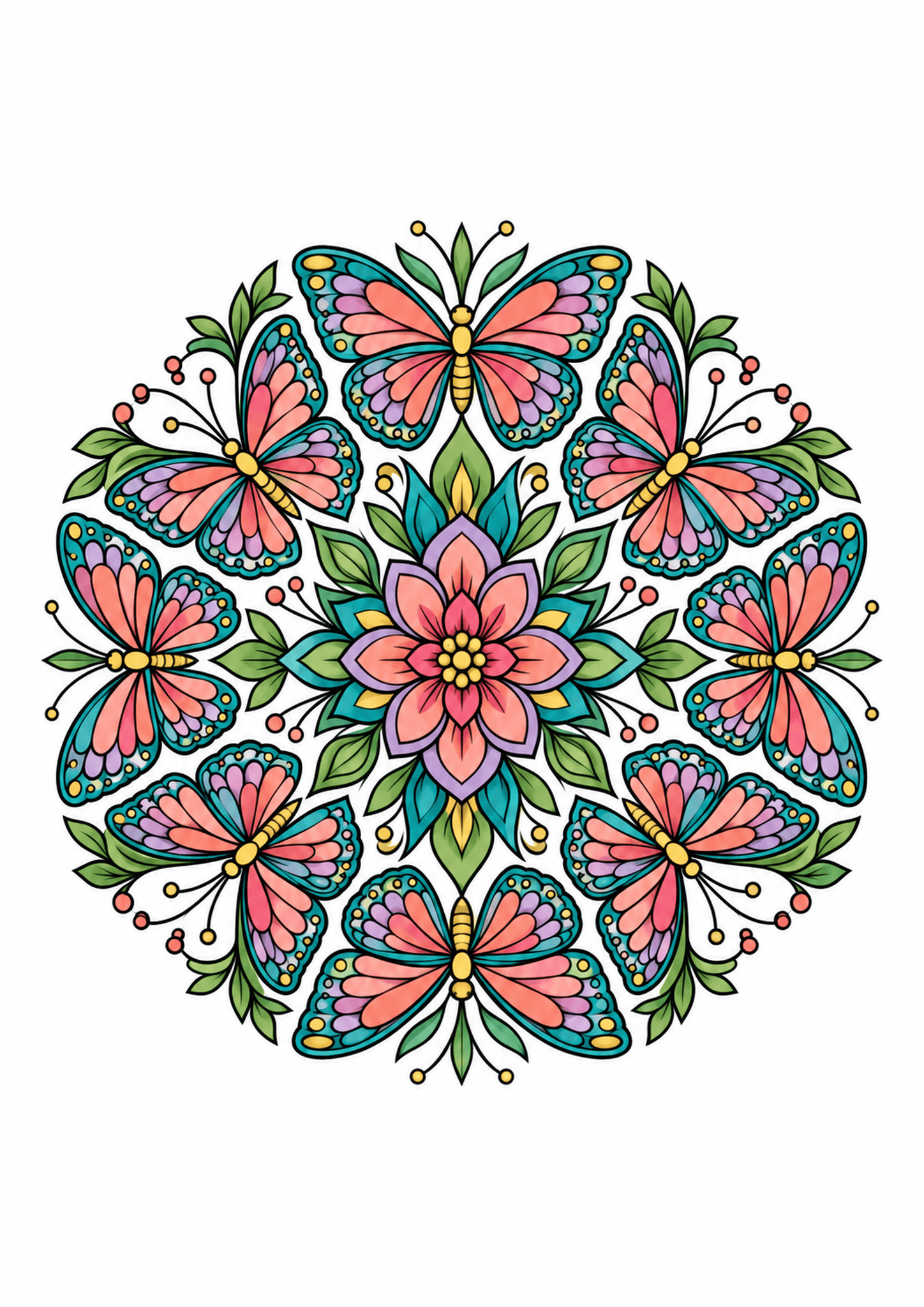 Symmetrical butterfly mandala with pink and turquoise wings, green leaves, and a central flower on white.