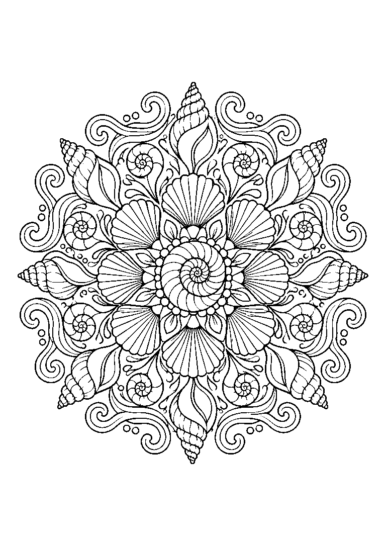 Black-and-white coloring page of a mandala of shells, flowing waves and marine ornaments.