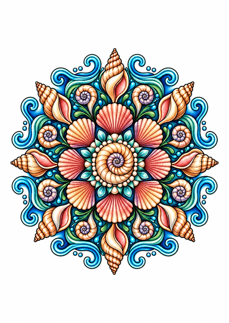 Ocean shell mandala with peach scallop and spiral shells, blue waves, and green sea foliage on white.