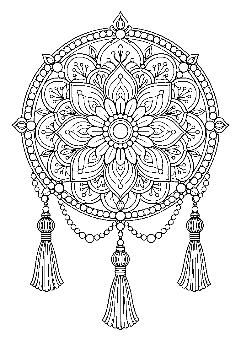 Black-and-white coloring page of a hanging bohemian mandala with layered floral ornaments and three tassels.