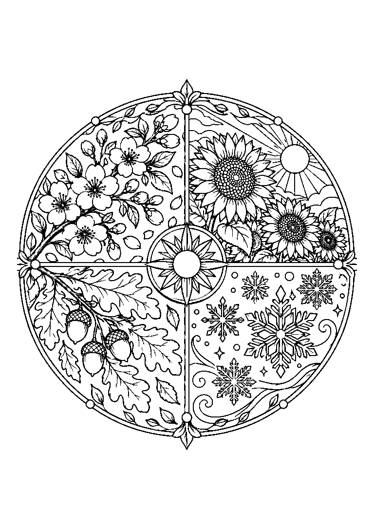 Black-and-white coloring page of a four-part seasonal mandala with spring flowers, a summer sun, autumn leaves and winter snowflakes.