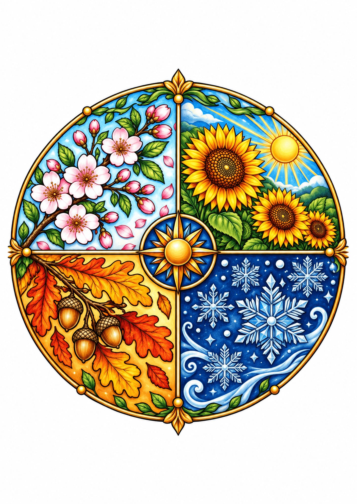 Four-season circular mandala with spring blossoms, summer sunflowers, autumn oak leaves, and winter snowflakes.
