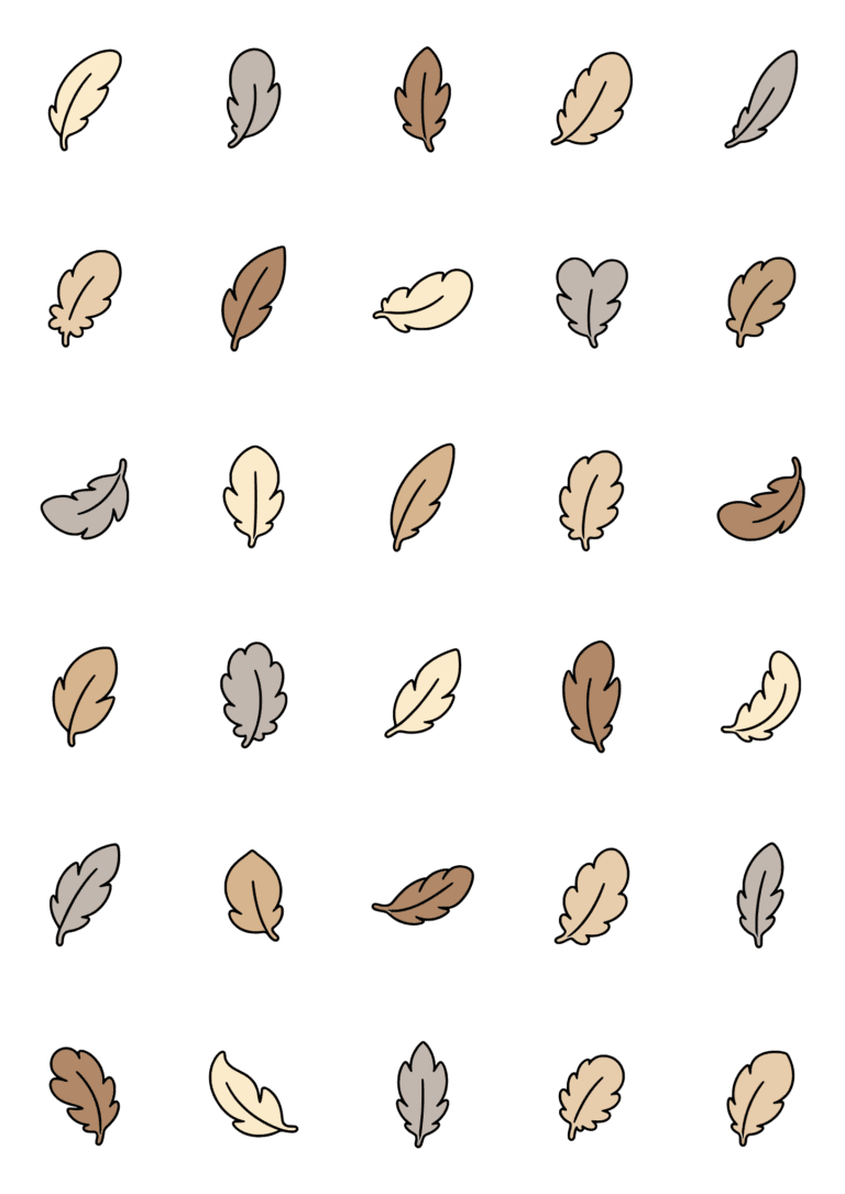 Colored example of the feather tiny tattoo sheet, with 30 motifs in six rows and a palette of cream, tan, gray, chestnut.