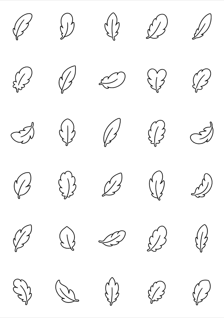 Black-and-white coloring and tiny tattoo sheet with 30 separate designs: thirty separate feathers with rounded, pointed and softly curved outlines.