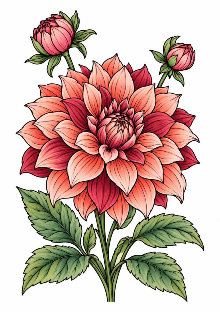 Layered coral and pink dahlia blooms with green leaves against a white background.