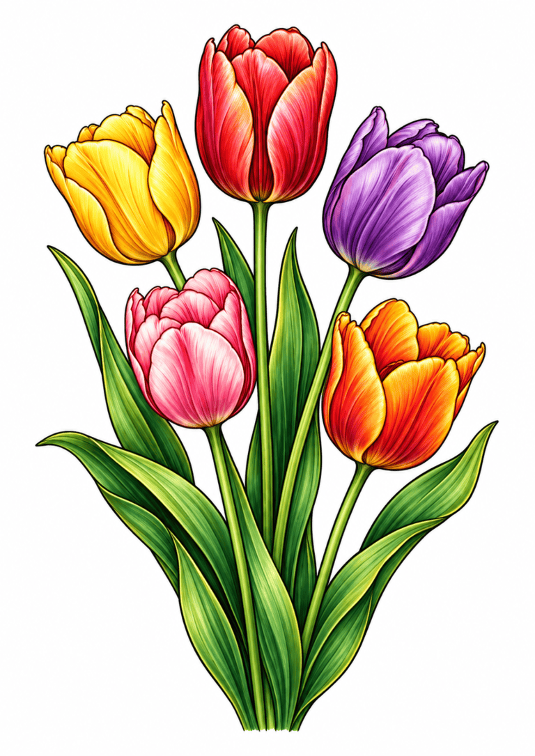 Five colorful tulips in yellow, red, purple, pink, and orange with green stems and leaves on white.