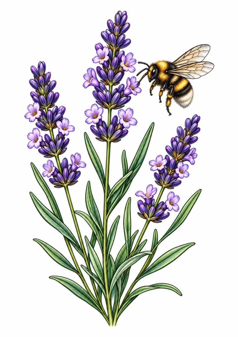 Bumblebee hovering beside purple lavender flower spikes with slender green leaves on white.
