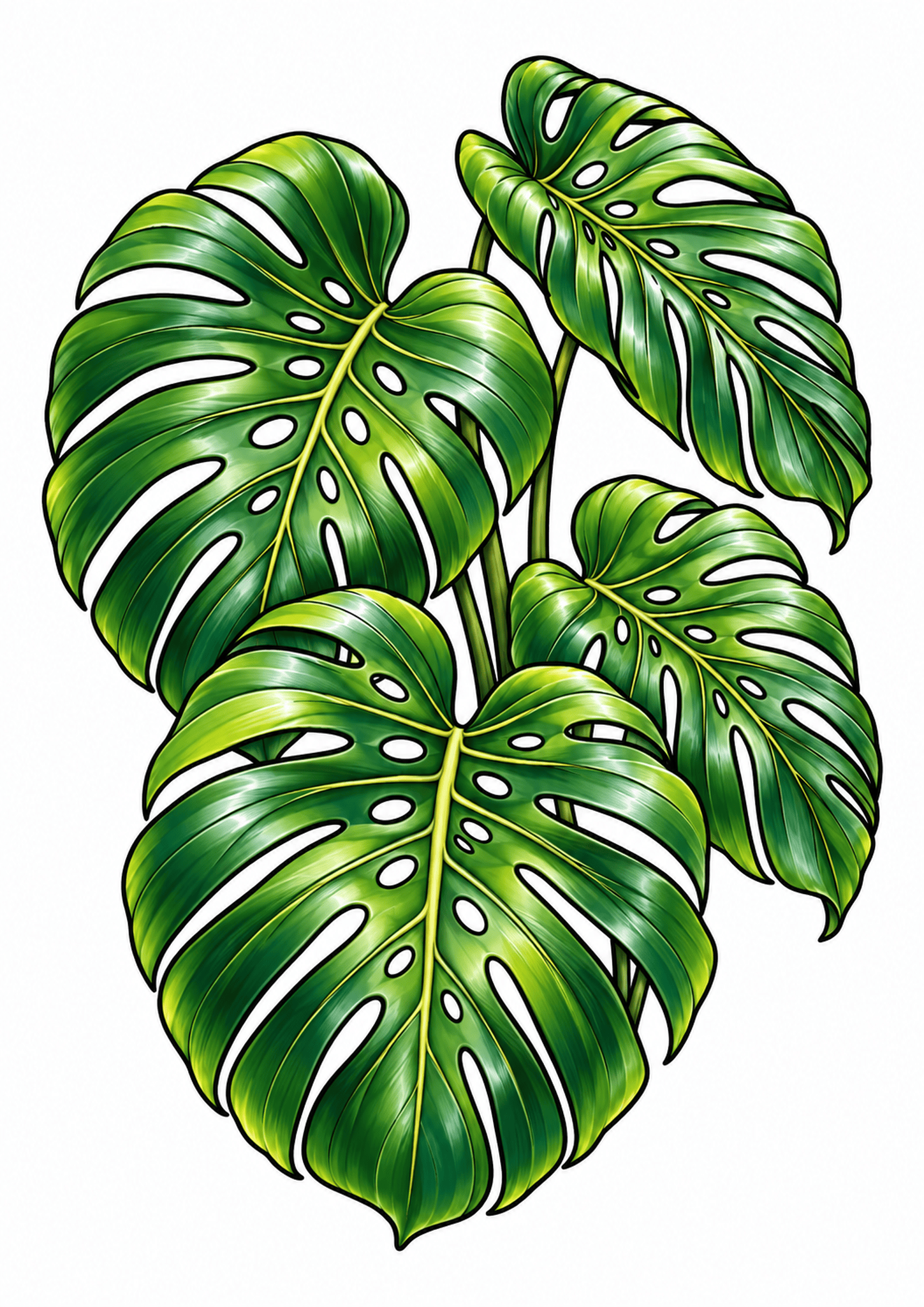 Four glossy green monstera leaves with natural splits and holes on a white background.